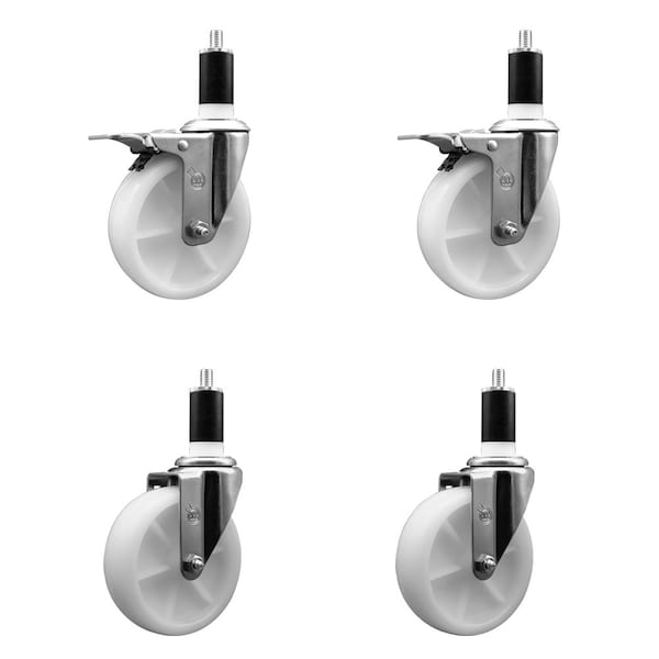 5'' Nylon Swivel 1-3/8'' Expanding Stem Caster Set 2 Total Lock Brakes, 4PK